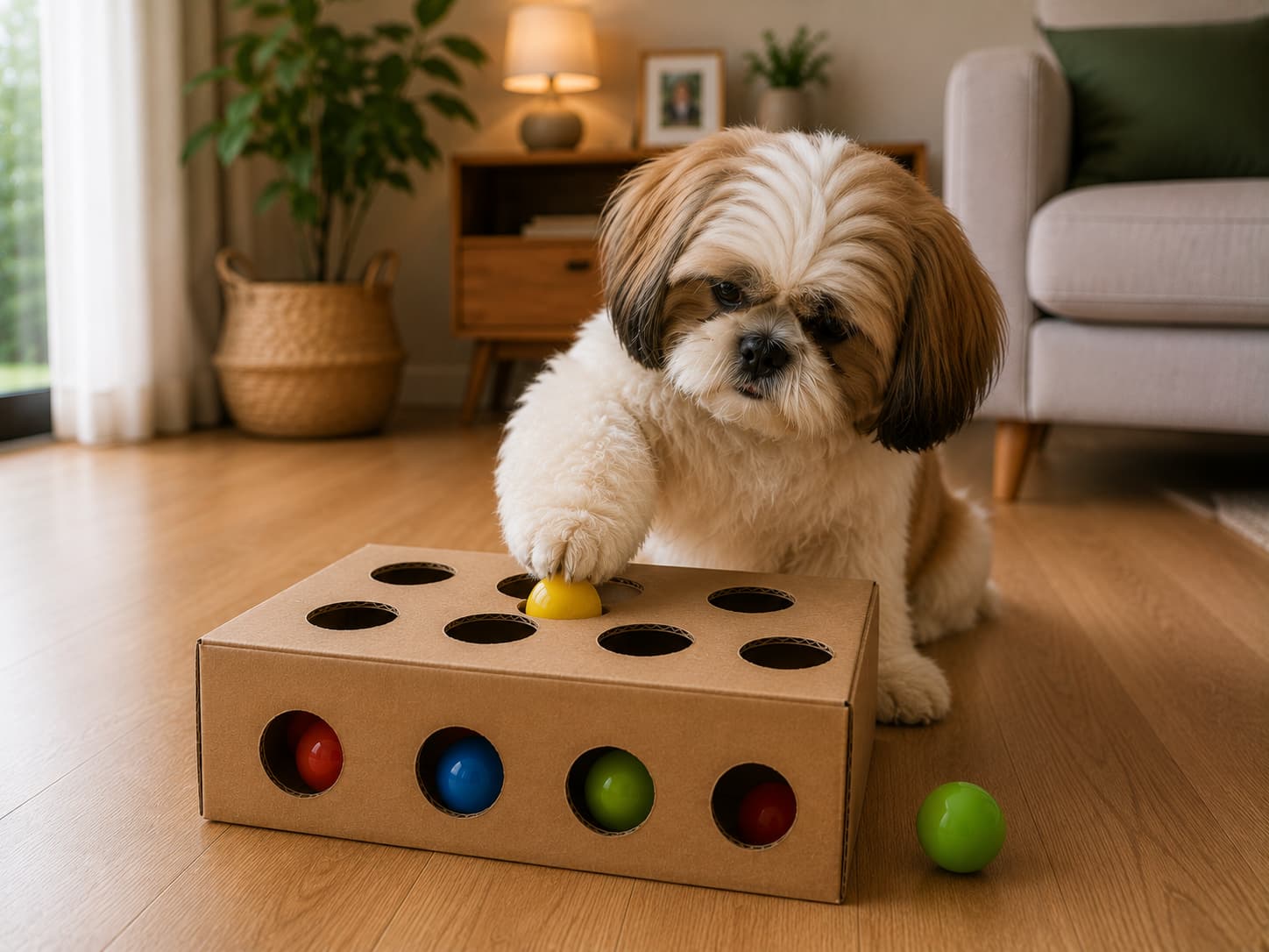 Cão brincando com uma caixa interativa