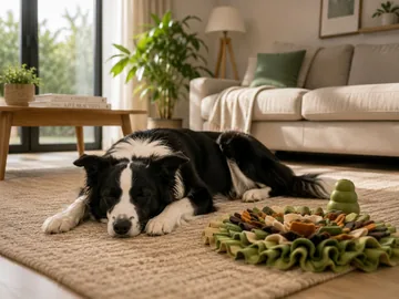 Cão descansando próximo a brinquedos de enriquecimento ambiental
