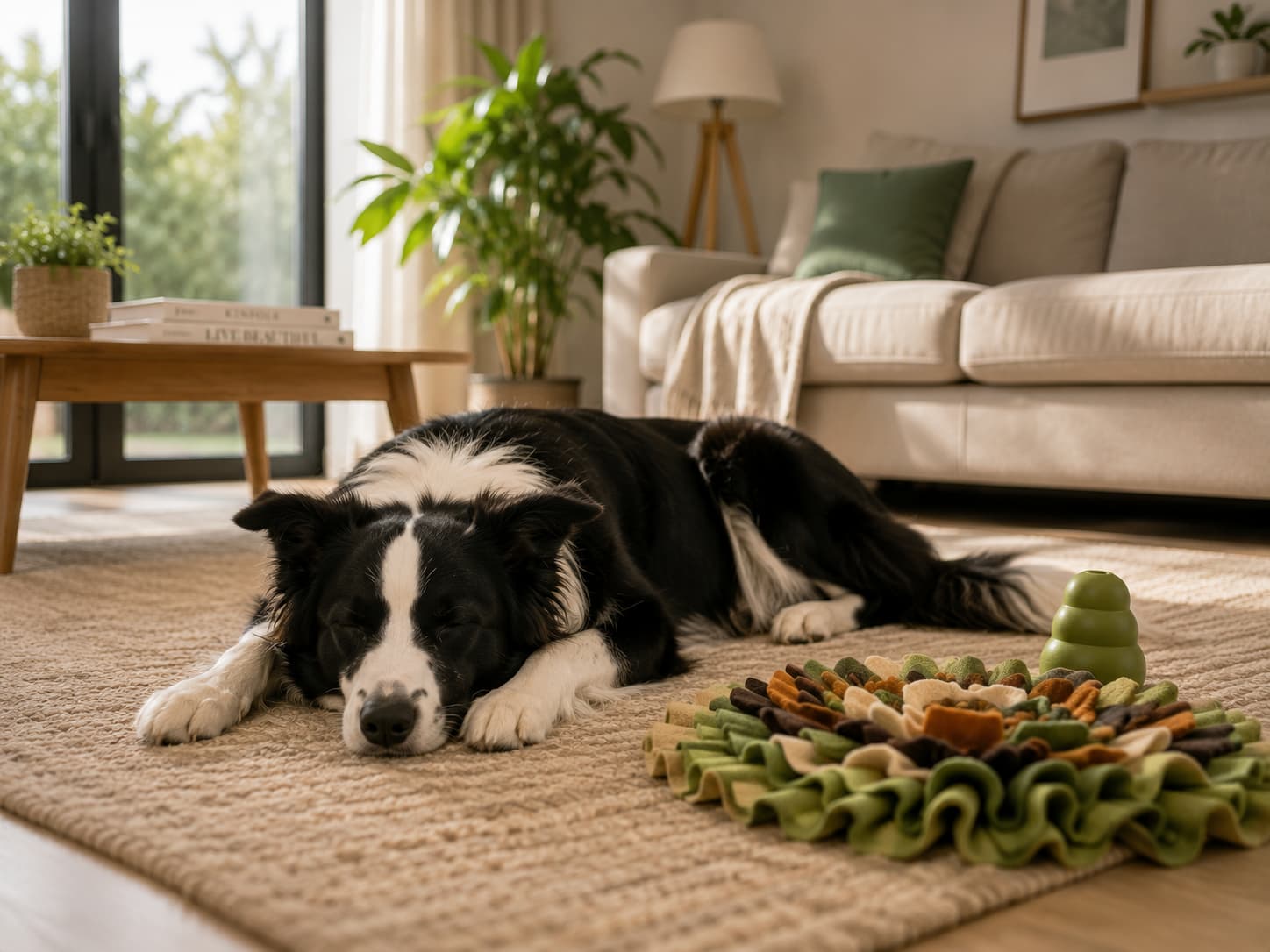 Cão descansando próximo a brinquedos de enriquecimento ambiental