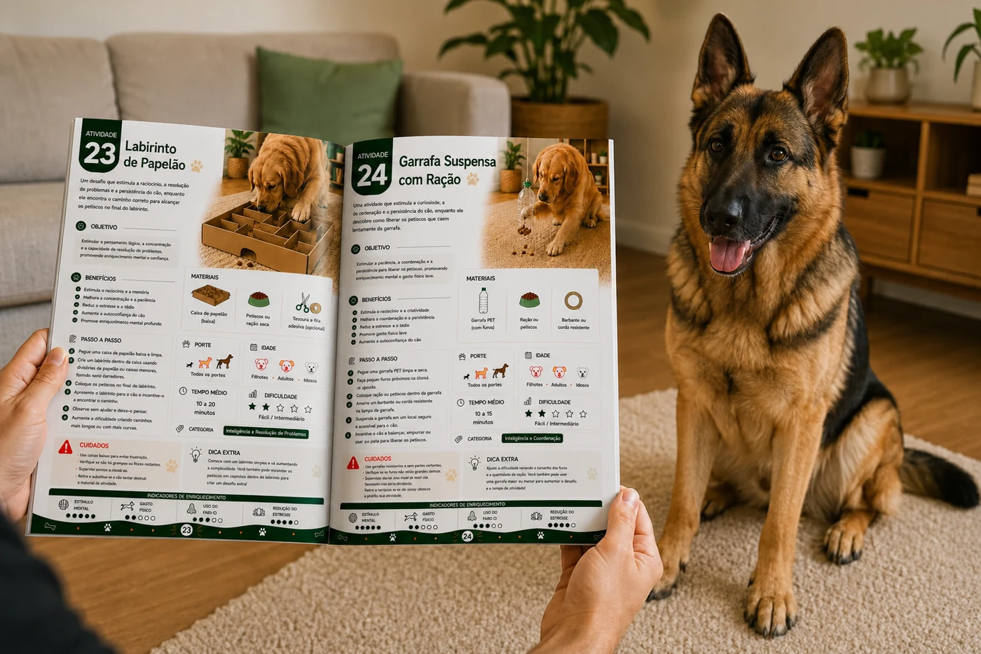 Pastor-alemão ao lado de um guia aberto de atividades caninas