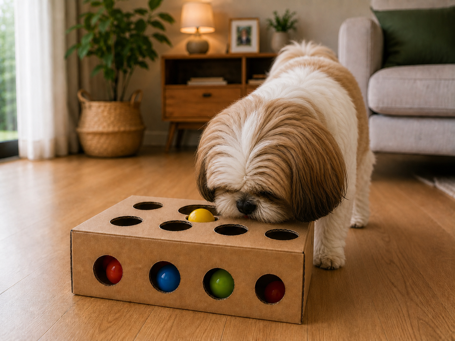 Shih Tzu cheirando as bolinhas dentro de uma caixa interativa de enriquecimento ambiental